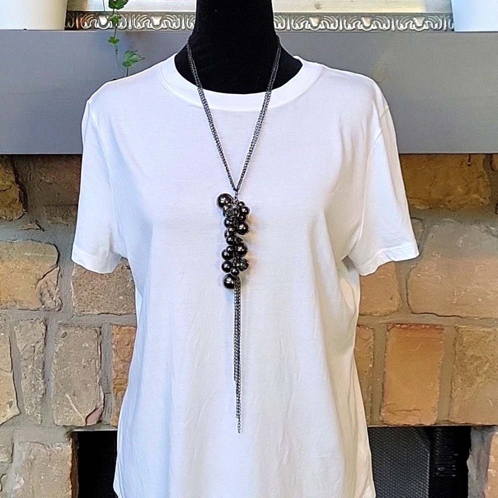 Long gunmetal bauble necklace, 3 inch adjustable extender